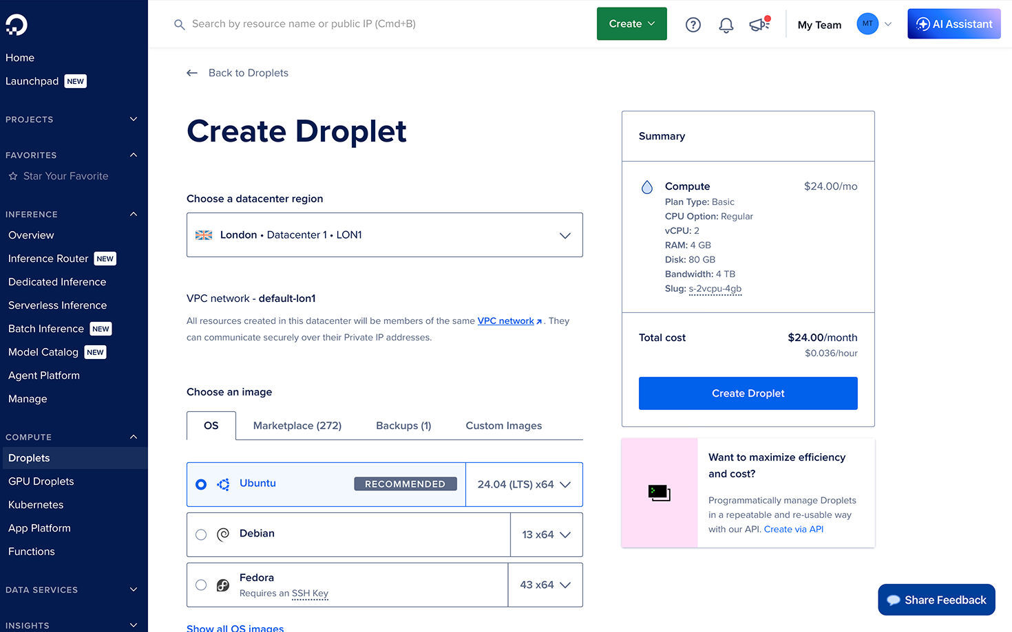 The Create Droplet form with a datacenter region and Ubuntu image selected