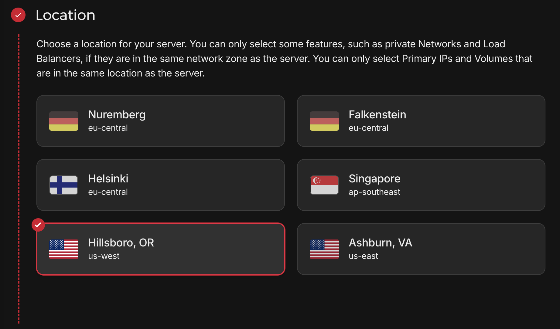 The Location step in Hetzner's Create a server form with Hillsboro, OR selected