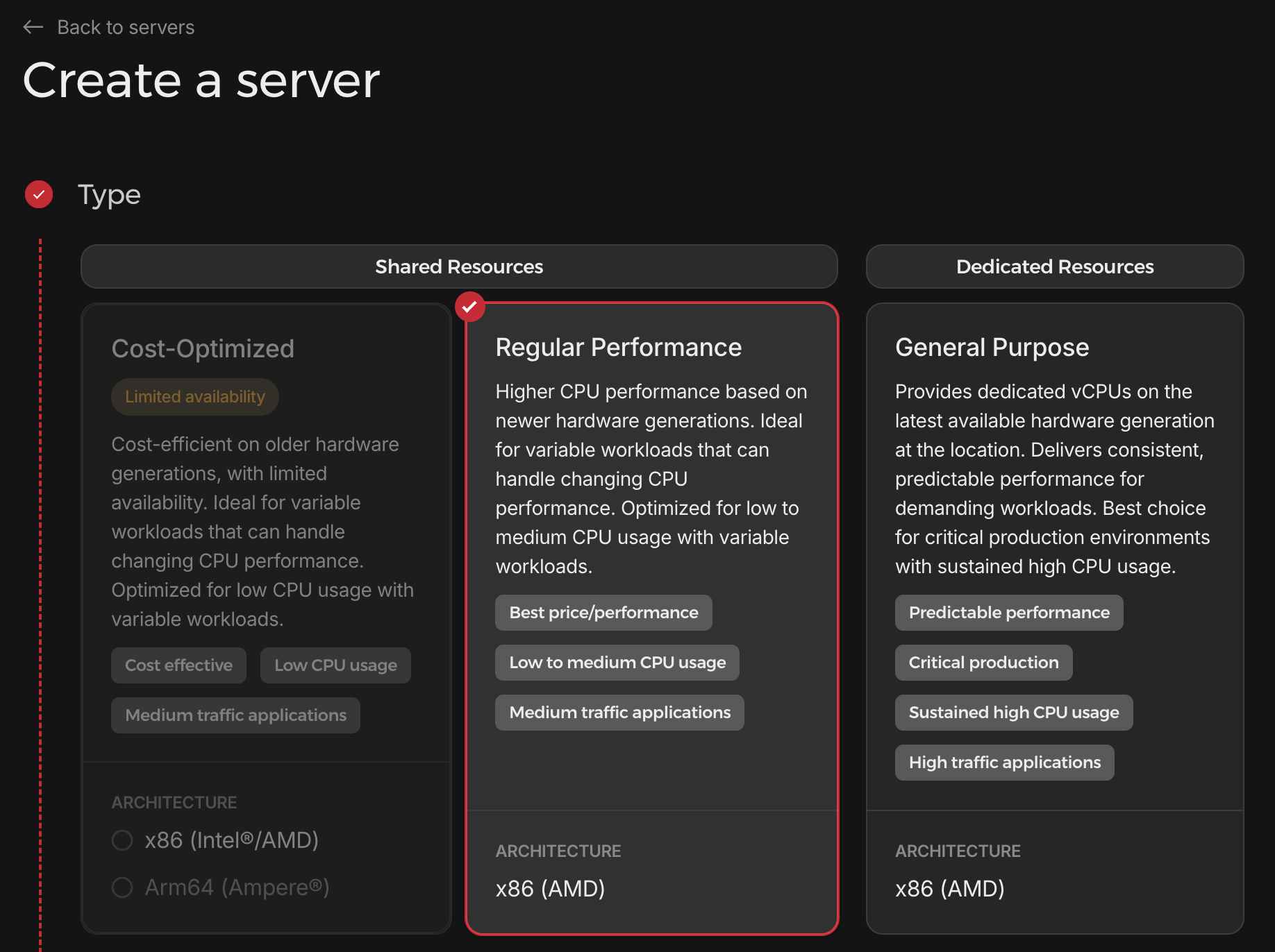 The Type step with Regular Performance selected under Shared Resources