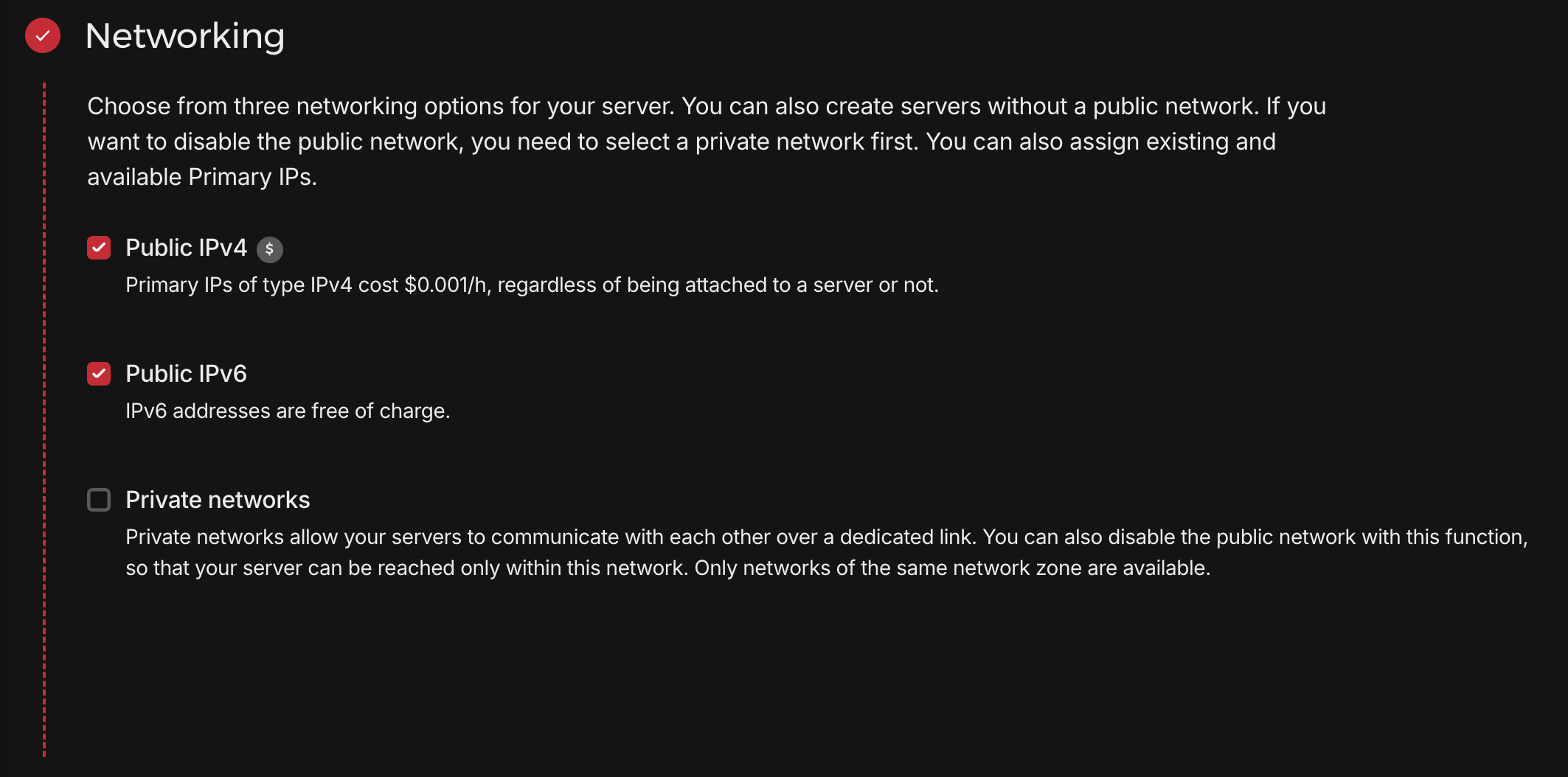 The Networking step with Public IPv4 checked