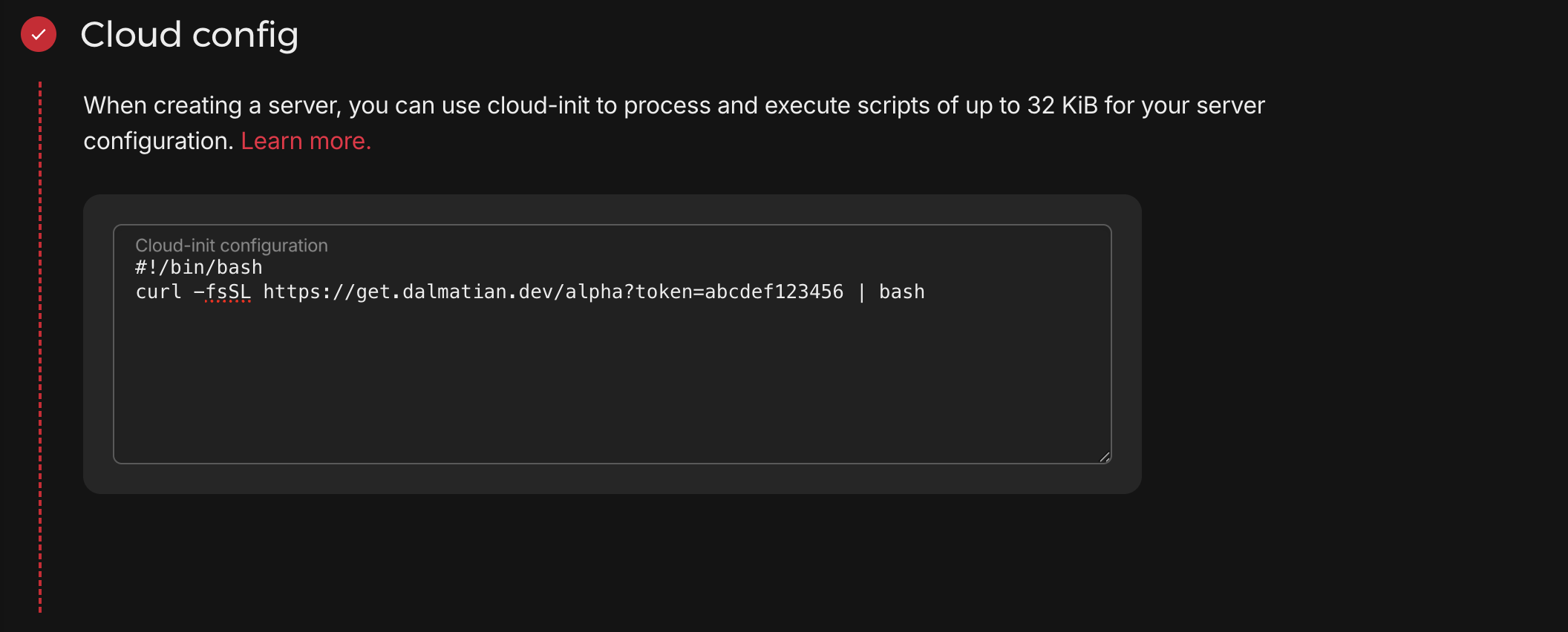 The Cloud config step with the install snippet pasted into the cloud-init field