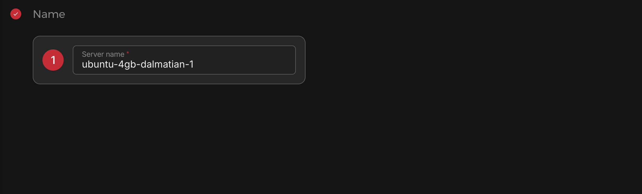 The Name step with the server name ubuntu-4gb-dalmatian-1 filled in