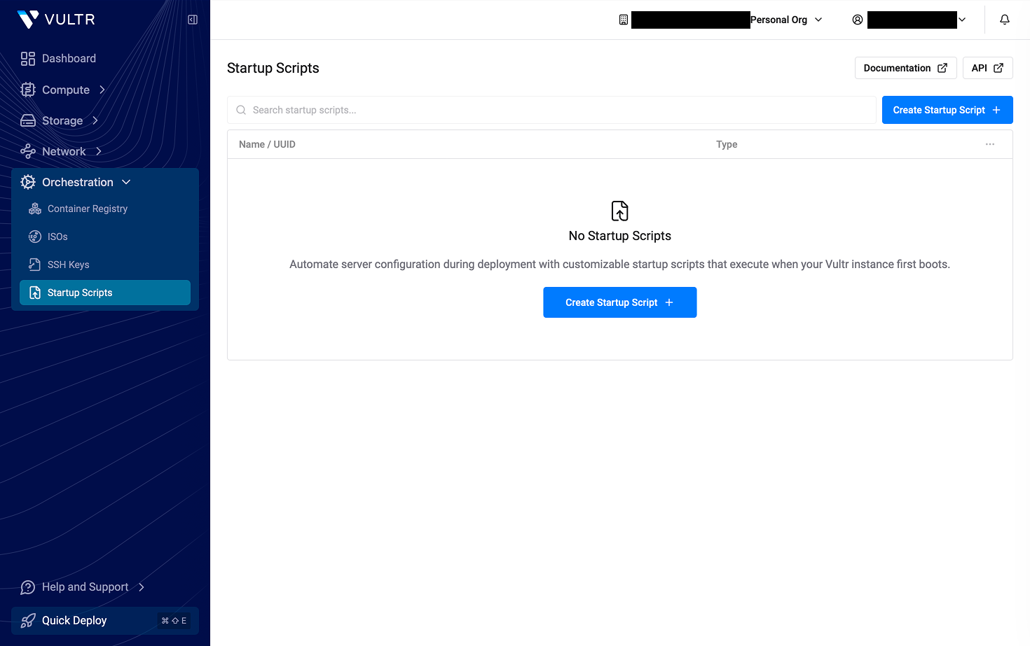 The empty Startup Scripts page under Orchestration with the Create Startup Script button