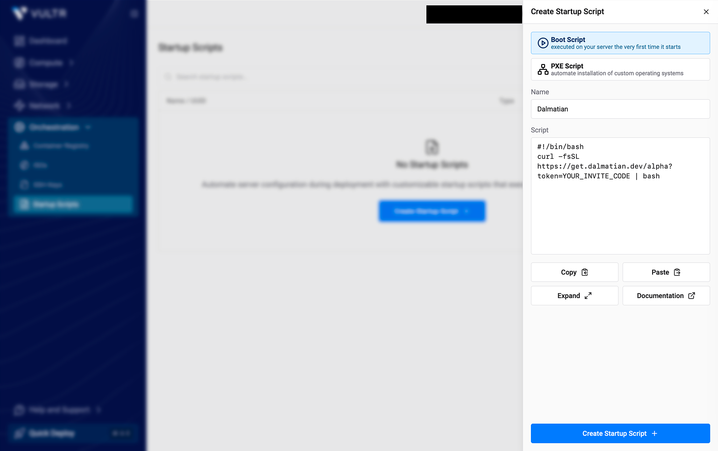 The Create Startup Script panel with the Boot Script type, the name Dalmatian, and the install snippet filled in