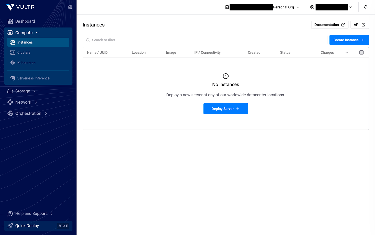 The empty Instances page under Compute with the Deploy Server button