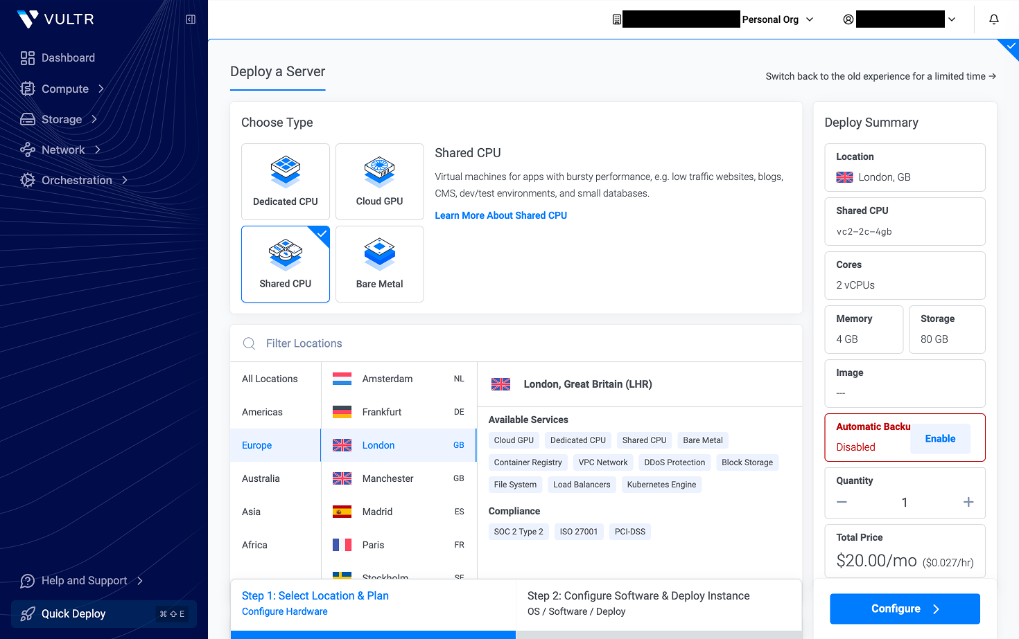 The Deploy a Server form with the Shared CPU type and a server location selected