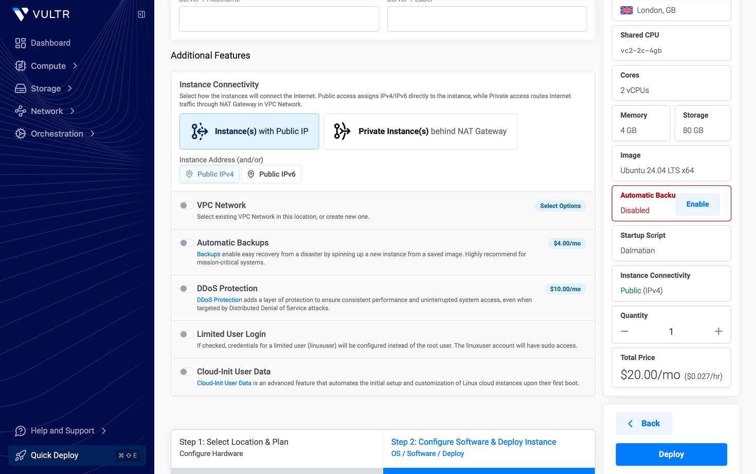 The Additional Features section with public IPv4 connectivity, and the Deploy Summary showing Ubuntu 24.04 and the Dalmatian startup script