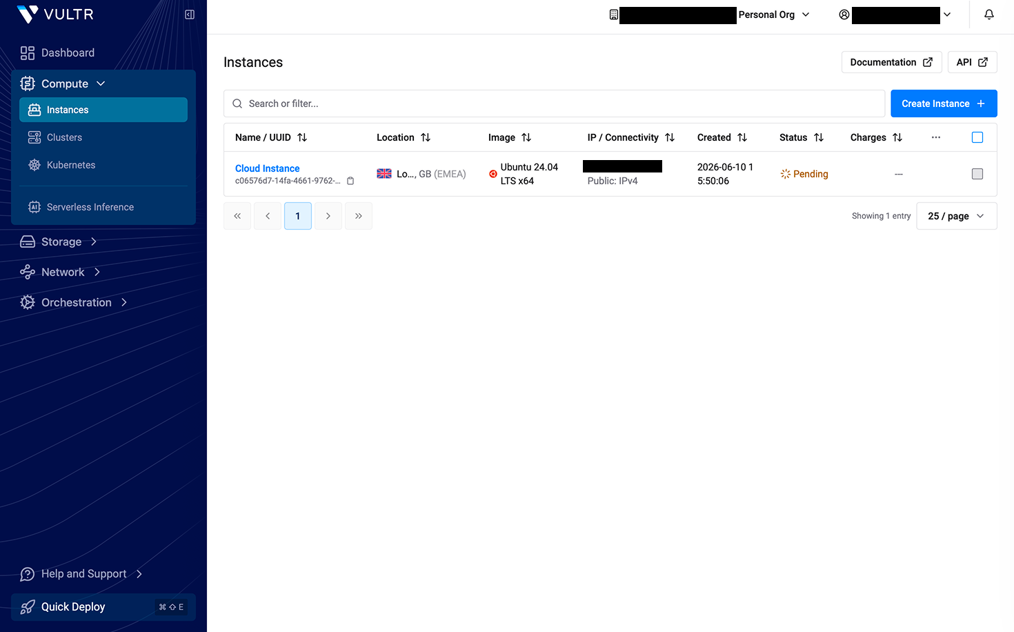 The Instances list showing the new instance provisioning with a Pending status